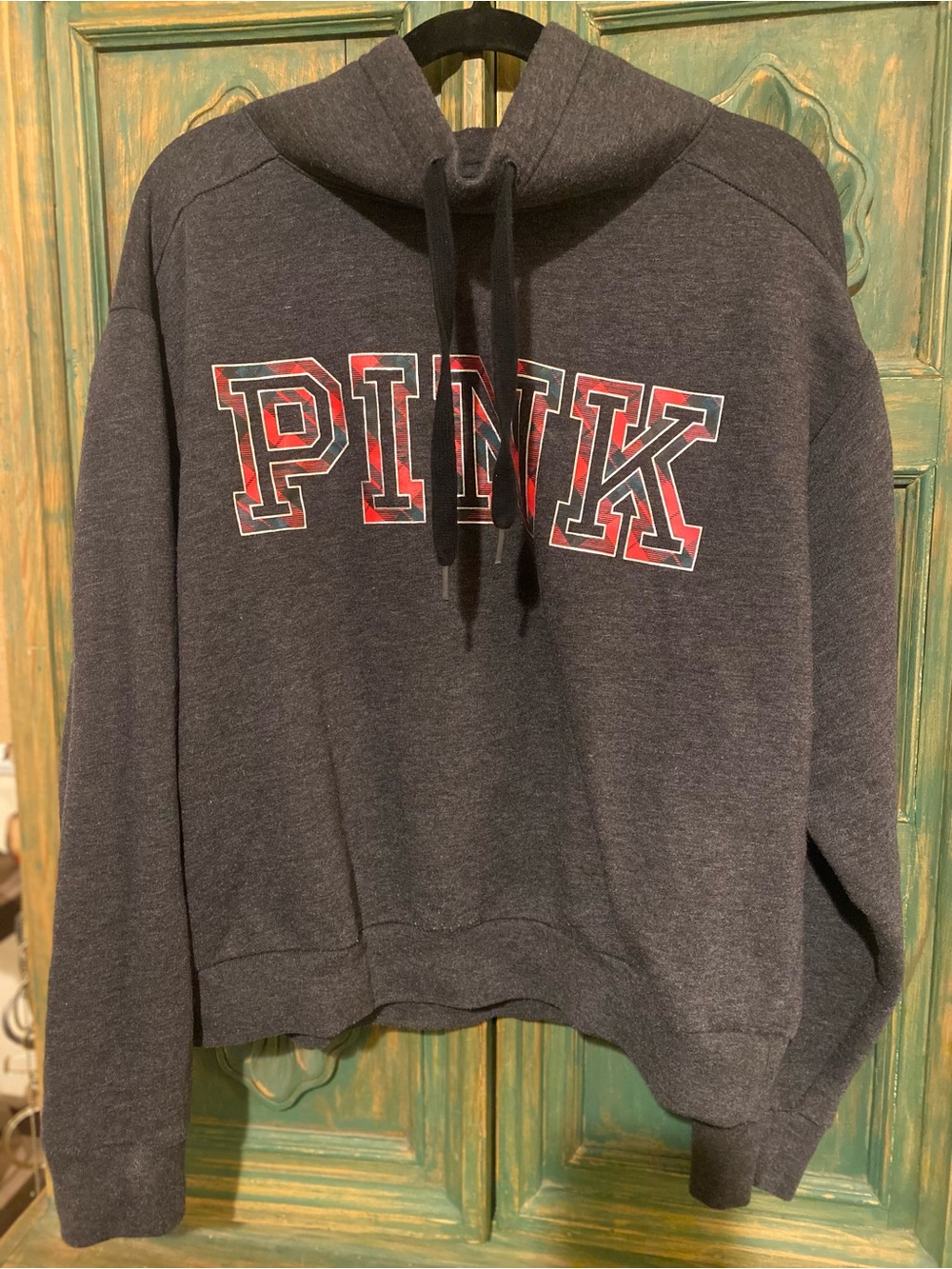 PINK Victoria's Secret Charcoal Hoodie with Red Lettering